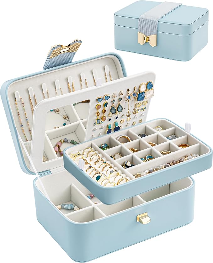 Lolalet 2 Layer Jewelry Box for Teen Girls & Young Women, Jewelry Organizer Case with Bow Clasp and Mirror for Earrings Rings Necklaces Storage, Gift Idea -Blue by Lolalet