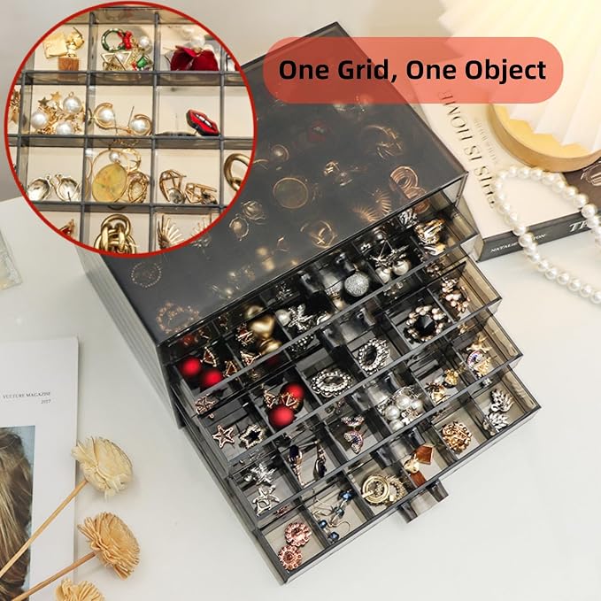 Feadily Acrylic Jewelry Organizer Box, Jewelry Drawer Organizer With 5 Drawers 120 Grids, Black - Image 3