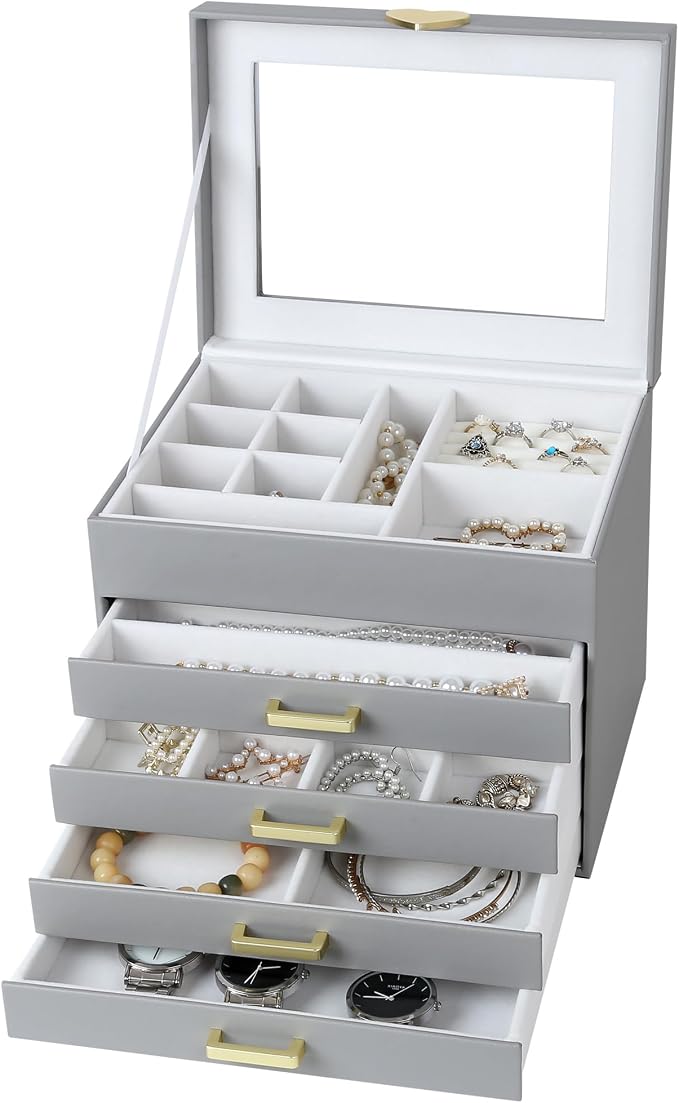 Kendal Jewelry Box, 5-Layer Jewelry Organizer Box with Glass Lid, Gray, Heart Shaped PU Leather, Storage Box for Necklace Earrings Rings Bracelets, Gift Idea for Girls LJC4DRGY - Image 2