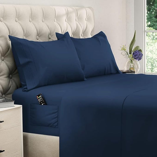 DREAMCARE California King Sheet Sets - Cooling Bed Sheets - 4pcs Set - up to 15" Deep Pocket Cal King Sheets - California King Sheets - Soft & Lasting 100% Brushed Polyester with Side Pocket - N Blue