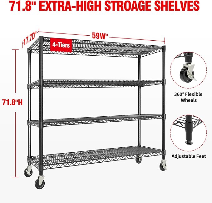 Garvee 4-Tiers Storage Shelves Heavy Duty Garage Shelving Units with Wheels 59" W x 71.8" H, 2640LBS Rolling Wire Shelving Rack, Adjustable Shelf for Garage Kitchen Warehouse Industrial Pantry - Image 2