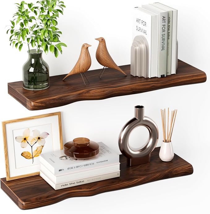 Solid Wood Live Edge Floating Shelves Set of 2 – 24" Rustic Wall Shelf with Hidden Bracket System, Wall Mounted Shelves for Bathroom, Kitchen, Living Room, Bedroom (Walnut) by Unknown