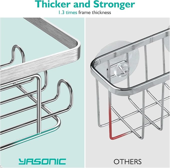 YASONIC Corner Adhesive Shower Caddy, with Soap Holder and 12 Hooks, Rustproof Stainless Steel Bathroom Organizer, No Drilling Wall Mounted Rack, Brushed Silver, 3-Pack - Image 9