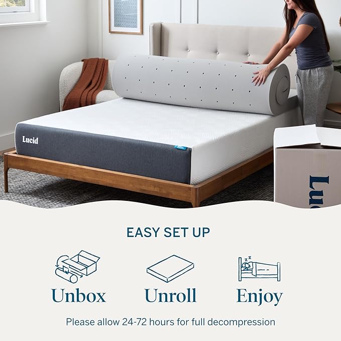 Lucid 3 Inch Bamboo Charcoal Infused Memory Foam Mattress Topper - Twin XL Size – Moisture and Odor Control - Ventilated - Deep Plush Feel, Pressure-Relief Bed Topper – CertiPur Certified