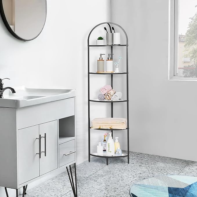 Homhedy 5-Tier Corner Shelf Stand, Metal Corner Bookshelf, Tempered Glass Shelves, Bathroom Storage Rack Shelf, Plant Stand, Modern Style, Black - Image 7