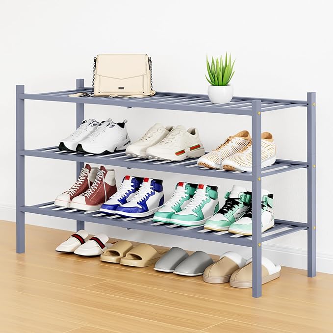 Smiry Shoe Rack, 3 Tier Long Bamboo Shoe Organizer, Stackable Free Standing Wooden Shoe Storage Shelf for Closet, Entryway, Front Door Entrance, Grey by Smiry