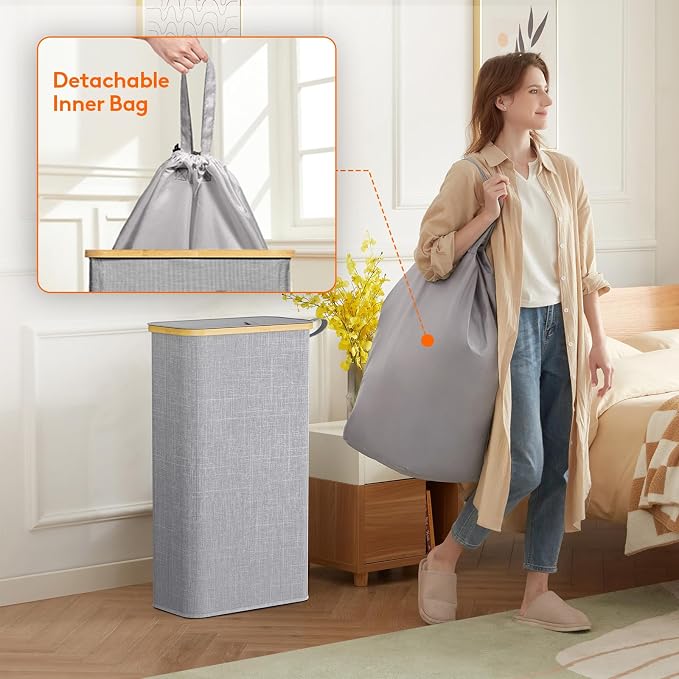 Lifewit 65L Slim Laundry Hamper with Lid, Narrow Laundry Basket with Removable Bag & Bamboo Handles, Fodable Thin Dirty Clothes Hamper for Laundry Collapsible Bin for Bathroom Bedroom Dorm, Gray - Image 4