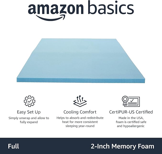 Amazon Basics Full Cooling Gel-Infused Memory Foam Mattress Topper, CertiPUR-US Certified, 2 Inches, Blue