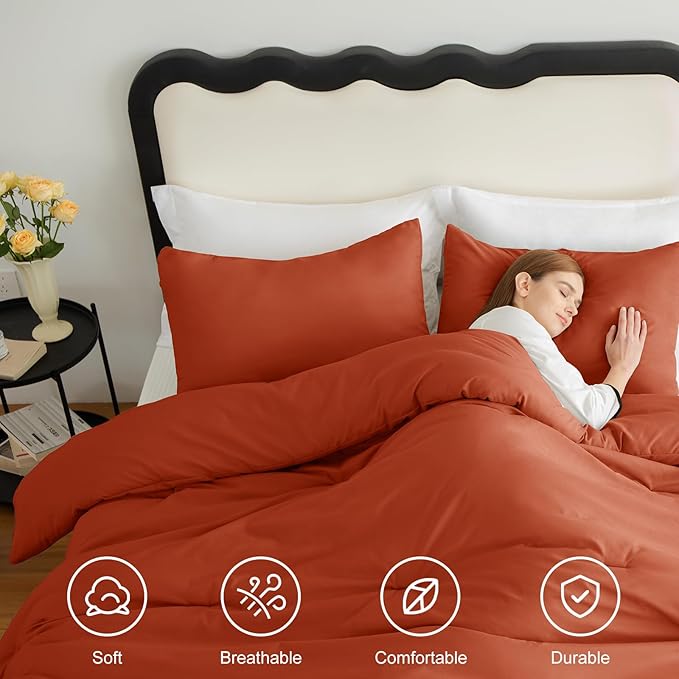 CozyLux California King Comforter Set Burnt Orange, 3 Pieces Cal King Terracotta Solid Breathable Bedding Sets, Luxury Soft Lightweight Bed Set with Down Alternative Comforter and 2 Pillowcases