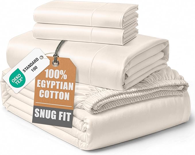 LANE LINEN 100% Egyptian Cotton King Size Bed Sheets, Machine Washable Naturally Temperature regulating Sustaibable No Pill Fade Resistant King Size Sheets Set Cotton - Sea Salt