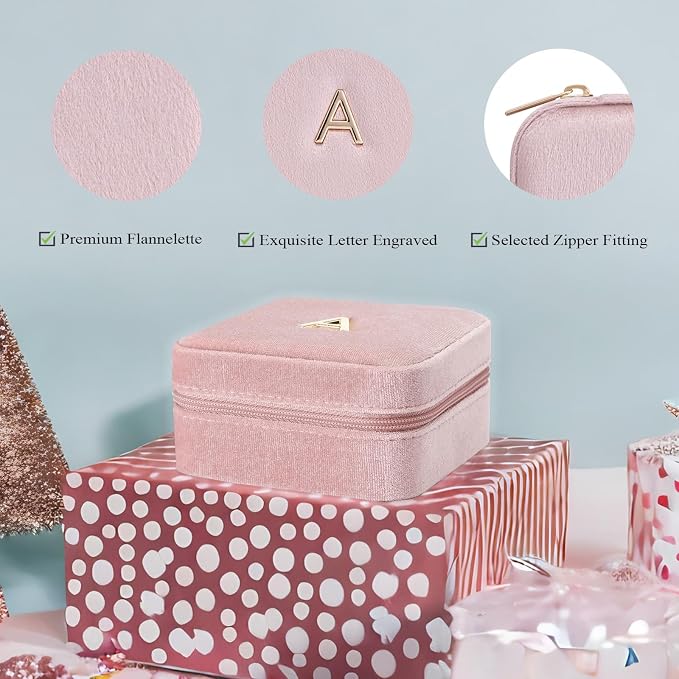 Vlando Small Travel Jewelry Box Organizer Display Case for Rings Earrings Necklaces Storage, Selected Soft Velvet, Letter A Engraved, Pink - Image 7