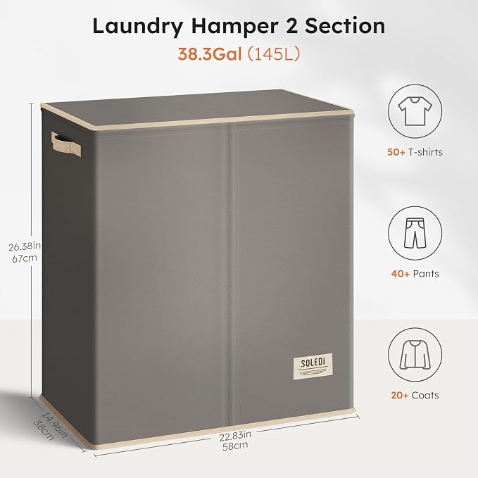 SOLEDI Large Double Laundry Hamper with Lid, Collapsible Clothes Hamper 2 section with Removable Bags, Space-Saving Laundry Basket for Bedroom, Dorm, College - Image 7