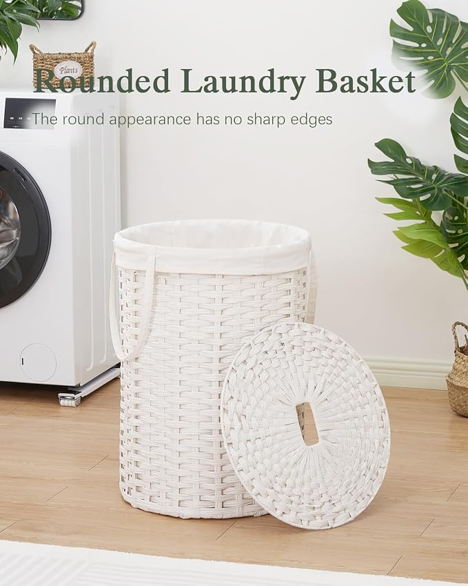 SETVSON Laundry Basket with Lid Round Rattan Laundry Hamper with Lid and Handles 29.1 Gal (110 L) Handwoven Woven Basket with Removable Bags and 2 Mesh Bags for Bathroom Living Room White - Image 2