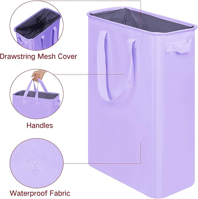 efluky Slim Laundry Basket, Narrow Laundry Hamper with Handles, Collapsible Dirty Clothes Hamper, Tall Laundry Bin for Laundry Room, Dorm and Bedroom, 19.8 Gallon (75L) Light Purple - Image 3