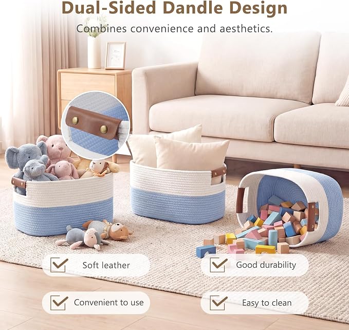ECDYQXVU Cotton Rope Basket, Storage Baskets with Handle, 15x10x9 Inch Woven Basket for Shelves, Laundry, Towels, Clothes, Books (White/Blue 1Pack) - Image 4