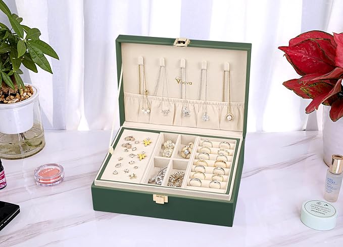 Voova Jewelry Box Organizer for Women Girls, 2 Layer Large Men Jewelry Storage Case, PU Leather Display Jewellery Holder with Removable Tray for Necklace Earrings Rings Bracelets, Blackish Green - Image 4