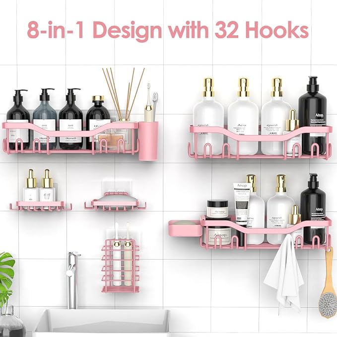 NESOMI Shower Caddy Adhesive Shower Organizer 8-Pack, Rustproof Stainless Steel Bathroom Shelves, Large Capacity No-Drill Rack Storage Accessories with Soap Dish Toothbrush Holder Hooks - Image 4
