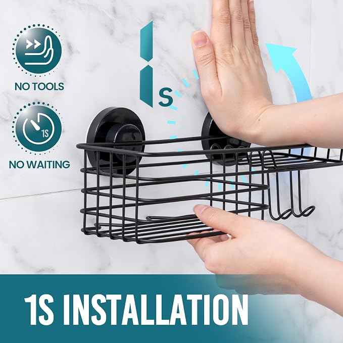 TAILI Shower Caddy Suction Cup with Hooks and Soap holder, Heavy Duty Bathroom Shower Organizer, No Drilling Bathroom Holder with Large Capacity, Metal Black Storage Basket - Image 2