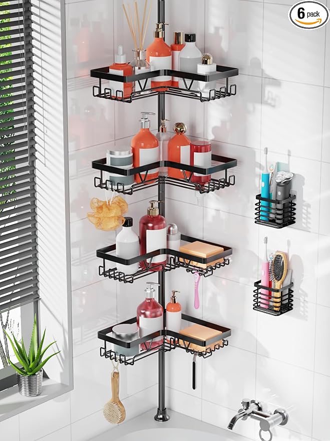 KEGII Set of 2 Wall Mount Toothbrush Holders with Tension Pole Shower Caddy, Rustproof Bathroom Organizer with Soap Holder & Hooks, 4 Adjustable Shower Shelves for Renters, 25-114.2 inch Black by KEGII