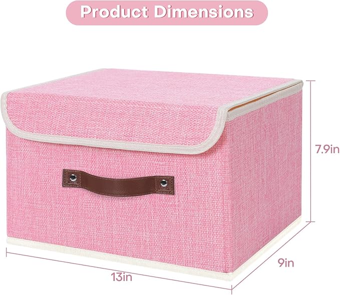 ANMINY 4PCS Storage Bin with Lid Storage Boxes with PU Leather Handles PP Plastic Board Decorative Foldable Lidded Cotton Linen Fabric Home Cubes Baskets Closet Organizer Container - Pink, Medium - Image 5