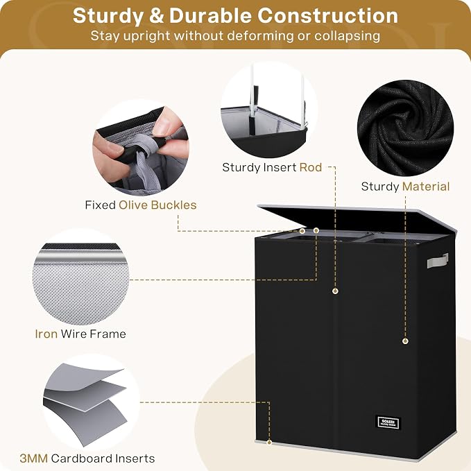 SOLEDI Double Laundry Hamper with Lid and Removable Laundry Bags,Divided Laundry Bin - Large Clothes Hamper 2 Section - Collapsible Laundry Baskets for Bedroom, Bathroom, Laundry Room,Black - Image 10