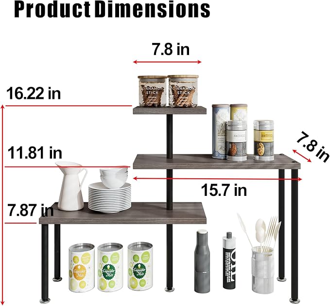 Countertop Organizer Organization 3 Tier Kitchen Corner Shelves Adjustable Spice Storage Rack for Bathroom Coffee Area Over Sink (Dark Gray Oak) - Image 2