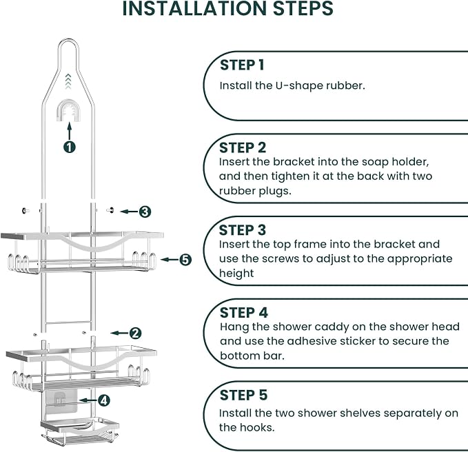 Shower Caddy Hanging Adjustable Shower Caddy, Rustproof Shower Organizer Extended Length Showers Caddy Over Shower Head with Hooks Soap Holder, Large Capacity Anti-Swing Bathroom Organizer, Silver - Image 8