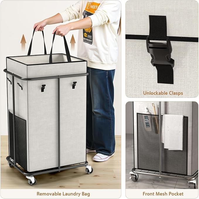 40 Gal Large Laundry Hamper with Lid, Rolling Laundry Basket with Wheels, Oxford Fabric Dirty Clothes Hampers with Removable Laundry Bag & Metal Frame for Bedroom, Laundry Room, Bathroom, Dorm(White) - Image 6