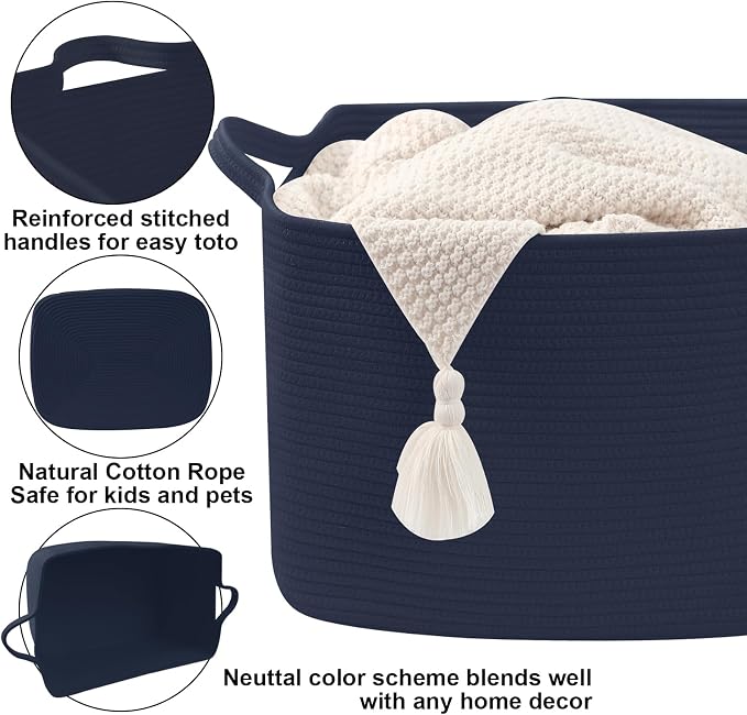 Large Blanket Basket,Woven Rope Basket Storage Bin with Handles,65L Rectangle Laundry Basket for Magazines,Toys,Clothes,Newspaper Shelf Organization,Nursery and Living Room,Navy - Image 3