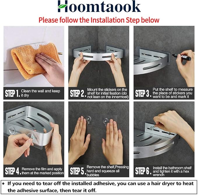 Hoomtaook Corner Caddy Bathroom Shower Shelf Wall Mounted No Drilling 2 Tier Storage Shelves Adhesive Triangle Baskets Silver Bathroom Kitchen Storage Basket - Image 4