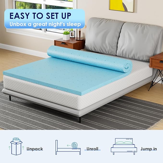 PayLessHere 2 Inch Gel Memory Foam Mattress Topper/Gel Infused Queen Mattress Topper/CertiPUR-US Certified/Easy to Clean,Blue