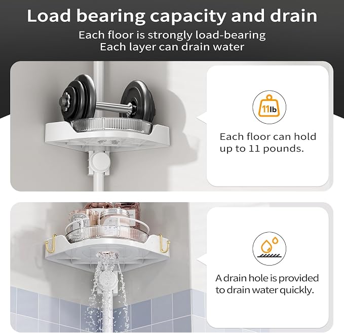 360° Rotating Shower Caddy Tension Pole, 4 Tiers Corner Shower Organizer for Bathroom Shelf Bathtub, Adjustable Standing Shower Rack Bathroom Accessories, Easily Assemble, 34-124 Inch Height, White - Image 4