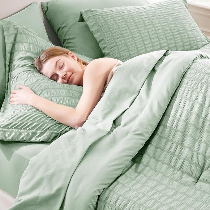 CozyLux King Size Comforter Set Sage Green Seersucker 7 Pieces Bed in a Bag King Comforter Set with Sheets, Luxury Bedding Sets with Down Alternative Comforter, Sheets, Pillowcases & Shams All Seasons