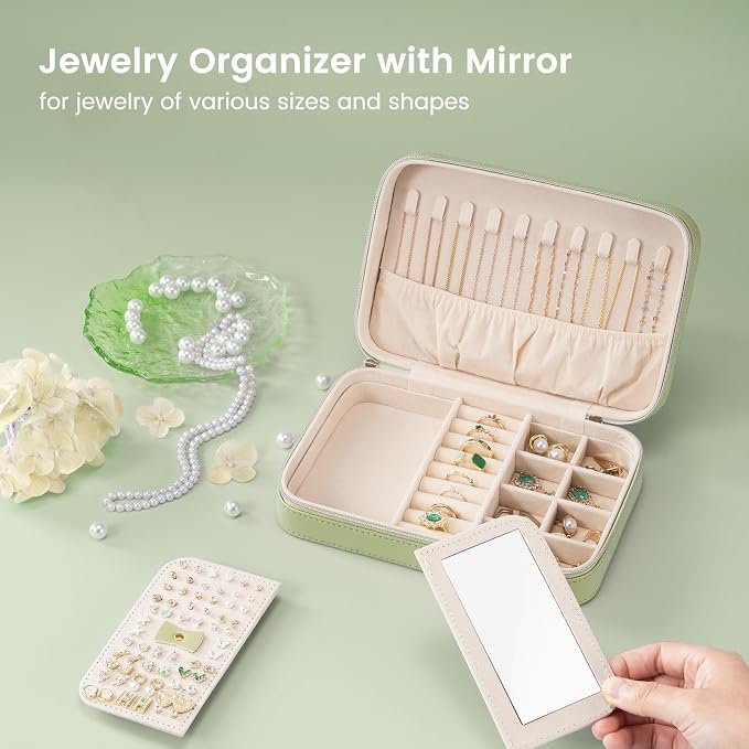 Lolalet Travel Jewelry Case for Women Girls, Travel Jewelry Organizer Box with Mirror & Clear Storage Bag, Small Portable Earring Necklace Bracelet Ring Case, Birthday Valentine Gifts -Medium, Green - Image 2