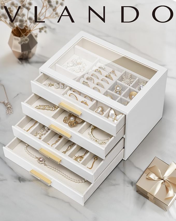 VLANDO Jewelry Box for Women, Glass Lid Jewelry Organizer with 4 Drawers for Necklaces Rings Earrings Bracelets Christmas Gift - White - Image 8