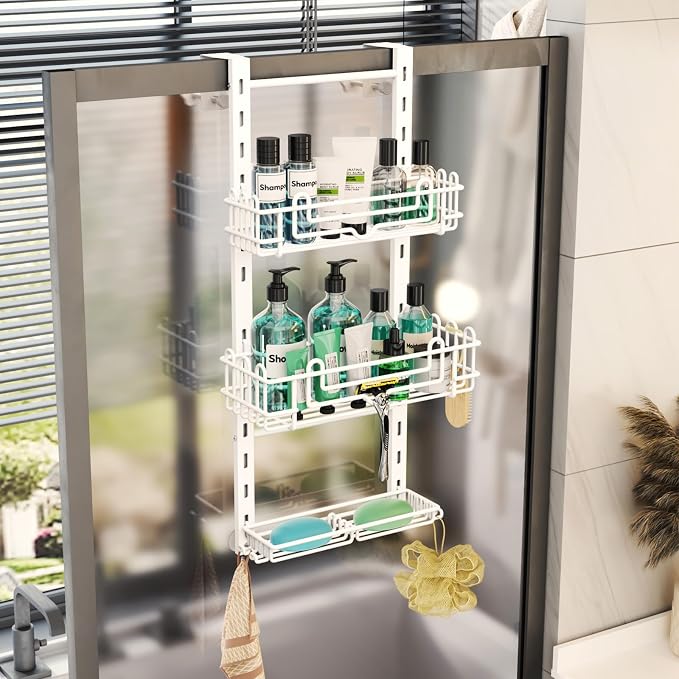 HapiRm 3 Tier Over the Door Shower Caddy, Hanging Shower Caddy with 16 Hooks and 2 Soap Holders, No Drilling Adjustable Hanging Bathroom Organizer - White - Image 7