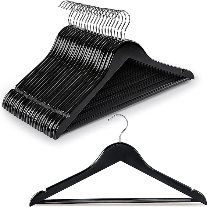 TOPIA HANGER Wooden Hangers 20 Pack, Black Wood Coat Hangers for Closet with Non-Slip Pants Bar, 360° Swivel Hook and Shoulder Notches for Camisole, Suit, Jacket, Pants-CT34B20 by TOPIAHANGER