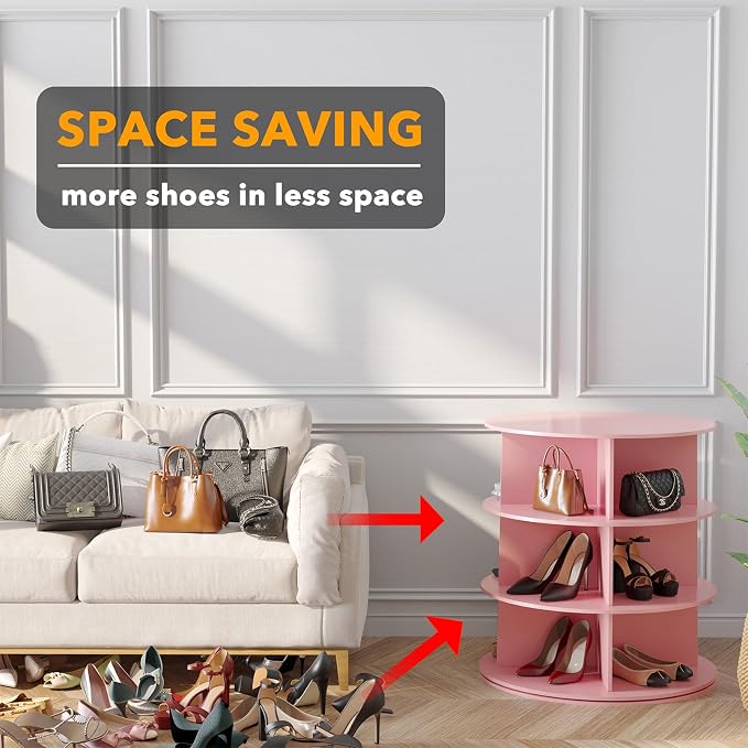 SpaceAid 3 Tier Rotating Shoe Rack Tower, Spinning Shoe Display Lazy Susan, Revolving 360 Shoe Rack Storage Round Carousel, Vertical Handbag Rotate Shoes Closet Organization (3-Tier Pink) - Image 3