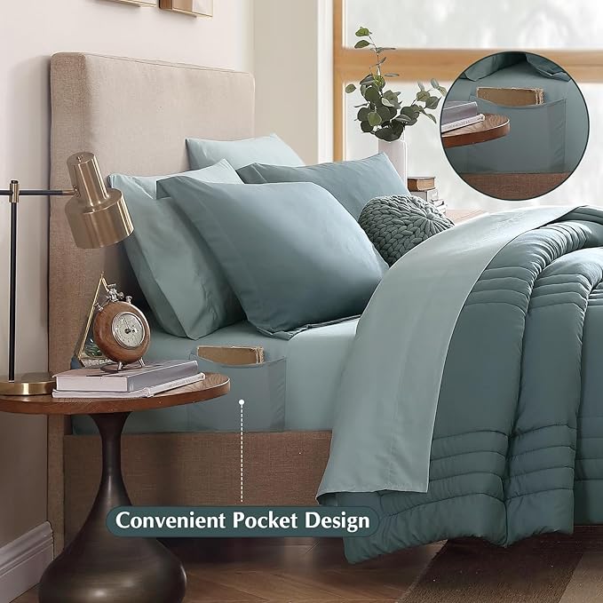 Monbix Queen Comforter Set - 7 Pieces Blue Green Bed in a Bag Queen Bedding Sets with Comforters, All Seasons Comforter Bed Set with Sheets,Pillowcases & Shams