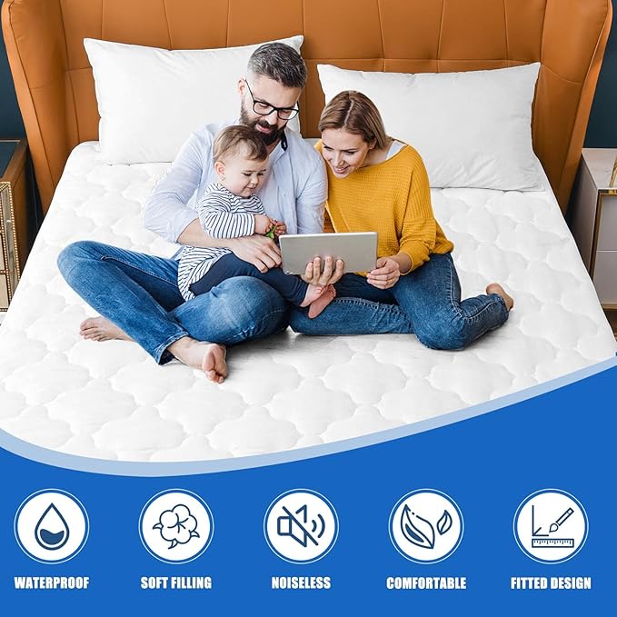 Waterproof Mattress Protector Cal King Size, Deep Pocket Fitted Quilted Mattress Pad Cover, Breathable, Hollow Cotton Alternative Filling Mattress Pad Cover