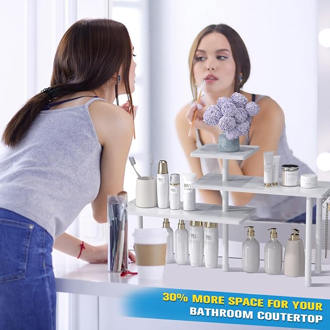 JayRex Bathroom Organizer Countertop Corner Shelf, 3 Tier Moveable Organizer for Make Up, Dresser Table, Desktop (White) - Image 3