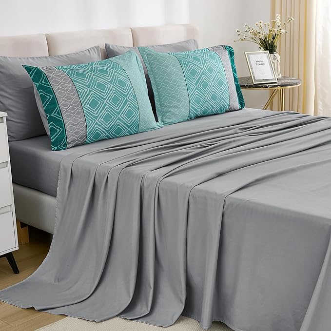 Dinjoy Queen Comforter Set Boho, Soft Teal Striped 7 Piece Bed in a Bag Queen Size Warm Blue Green Bedding Sets Plaid Comforters Bed Set with Sheets for Family Fall Winter