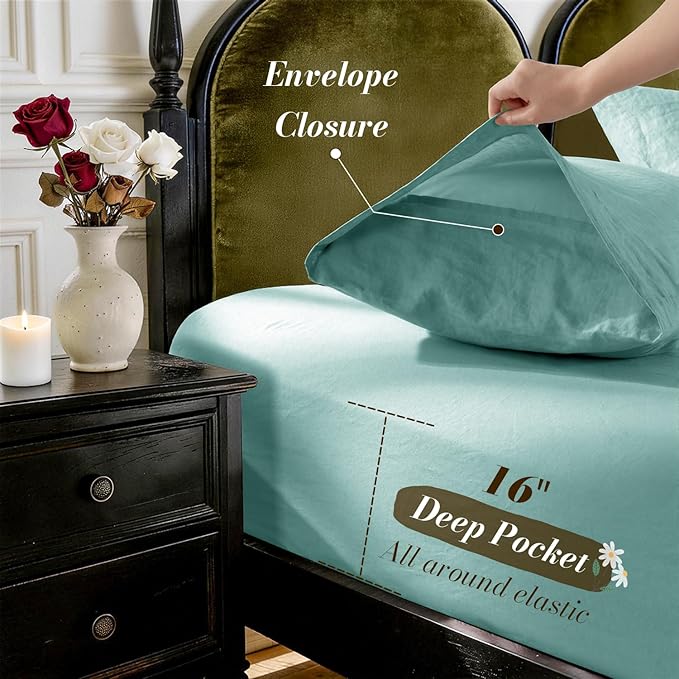 SONORO KATE 100% French Pure Linen Sheets, Breathable and Durable Linen King Size Sheets, Anti-Tear Linen Bed Sheets, Machine Washable, 16 Inch Deep Pocket - 4 Piece (Aqua, King)
