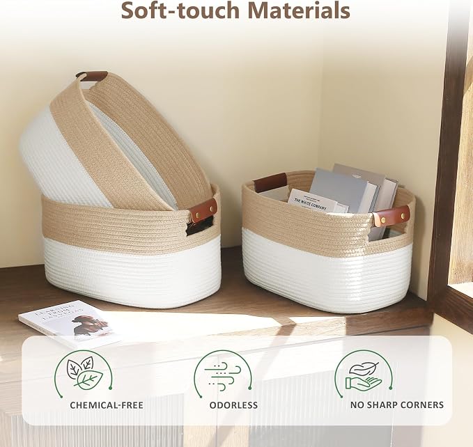 ECDYQXVU Cotton Rope Storage Baskets,15x10x9 in,Foldable Storage Bins, Decorative Woven Basket Cube Storage Organizer for Laundry, Towel, Clothes (White/Beige-3Pack, 15x10x9 inches) - Image 7