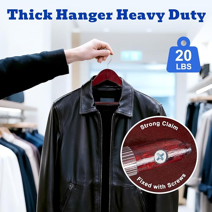 HOUSE DAY Wood Suit Hangers for Men, Wide Shoulder Wooden Hangers with Non Slip Pants Bar, Smooth Retro Finish 360° Swivel Hook Solid Wood Coat Hangers for Heavy Clothes Hanger 6 Pack (Cherry Wood) - Image 5