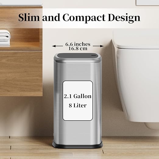 2.1 Gallon Bathroom Trash Can with Lid Press Top, 8 Liter Stainless Steel Garbage Can with Press Type Lid, Slim Trash Bin Waste Basket for Toilet, Office, Bedroom, Living Room (Silver) - Image 4