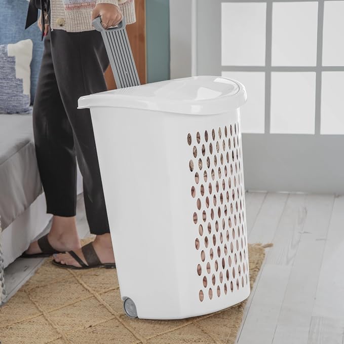 Wheeled Plastic Laundry Hamper with Handle, White - Easy Transport for Laundry, Durable Plastic, Rolling Design, Perfect for Bathroom & Bedroom Storage - Image 5