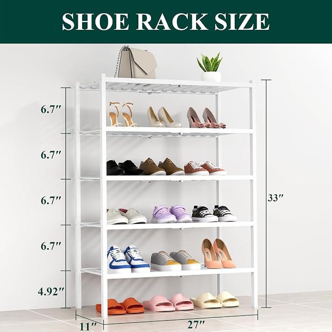 Smiry Shoe Rack, 5 Tier Thick Bamboo Shoe Organizer, Stackable Free Standing Wooden Shoe Storage Shelf for Closet, Entryway, Front Door Entrance, White - Image 2