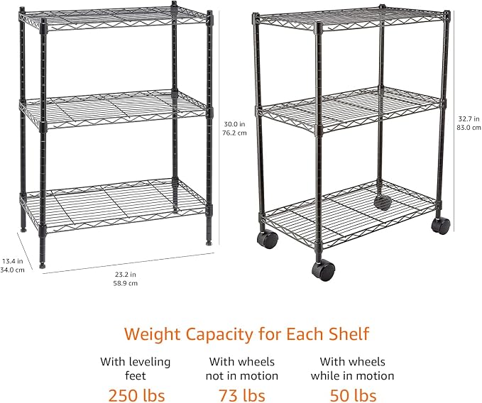Amazon Basics 3-Shelf Adjustable Heavy Duty Storage Shelving Unit on 2" Wheels, Metal Wire Rack for Garage, Utility Shelving with Leveling Feet, 23.2"L x 13.4"W x 32.75"H, Black - Image 3