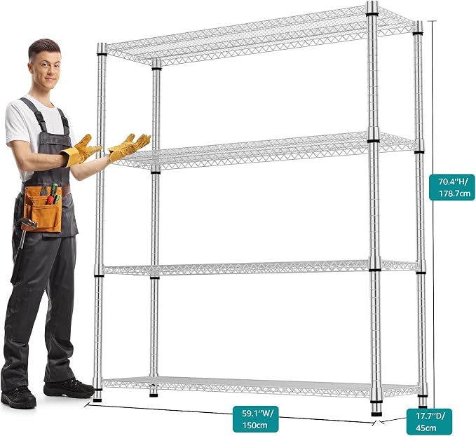 M MZG 4 Tiers Shelf 2640 lbs Steel Storage Shelving Utility Shelving Unit Steel Organizer Wire Rack for Home,Kitchen,Office,Garage Chrome 17.7" D x 47.2" W x 70.3" H - Image 3